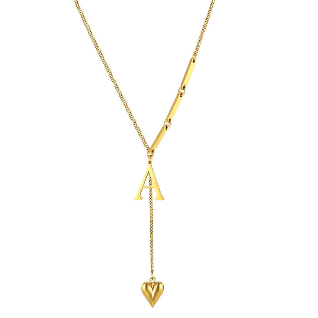 Initial Letter Necklace Gold Plated Stainless Steel Puffy Heart Pendant A-Z Alphabet Lariat Y Choker Waterproof