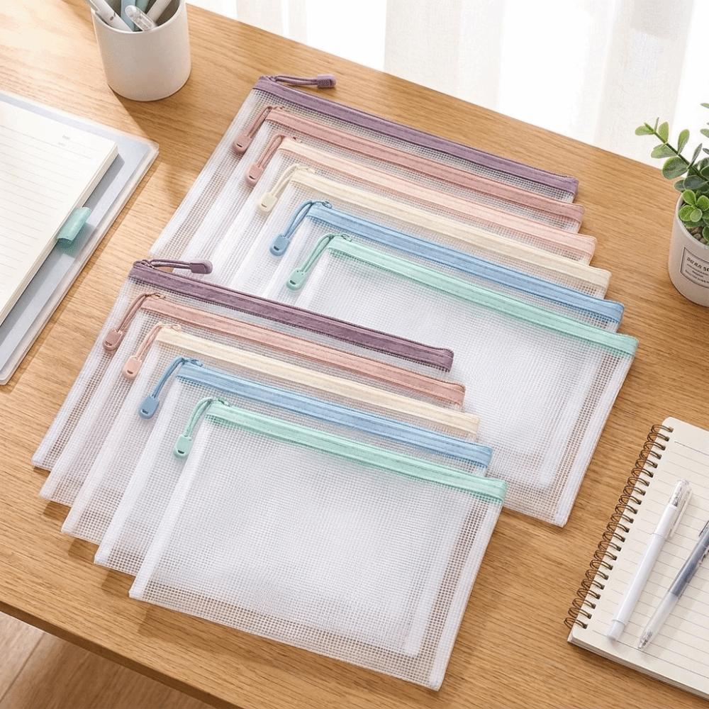 Waterproof Mesh Zipper Bags A4 Size File Pouch Essential Plastic File Organizer School