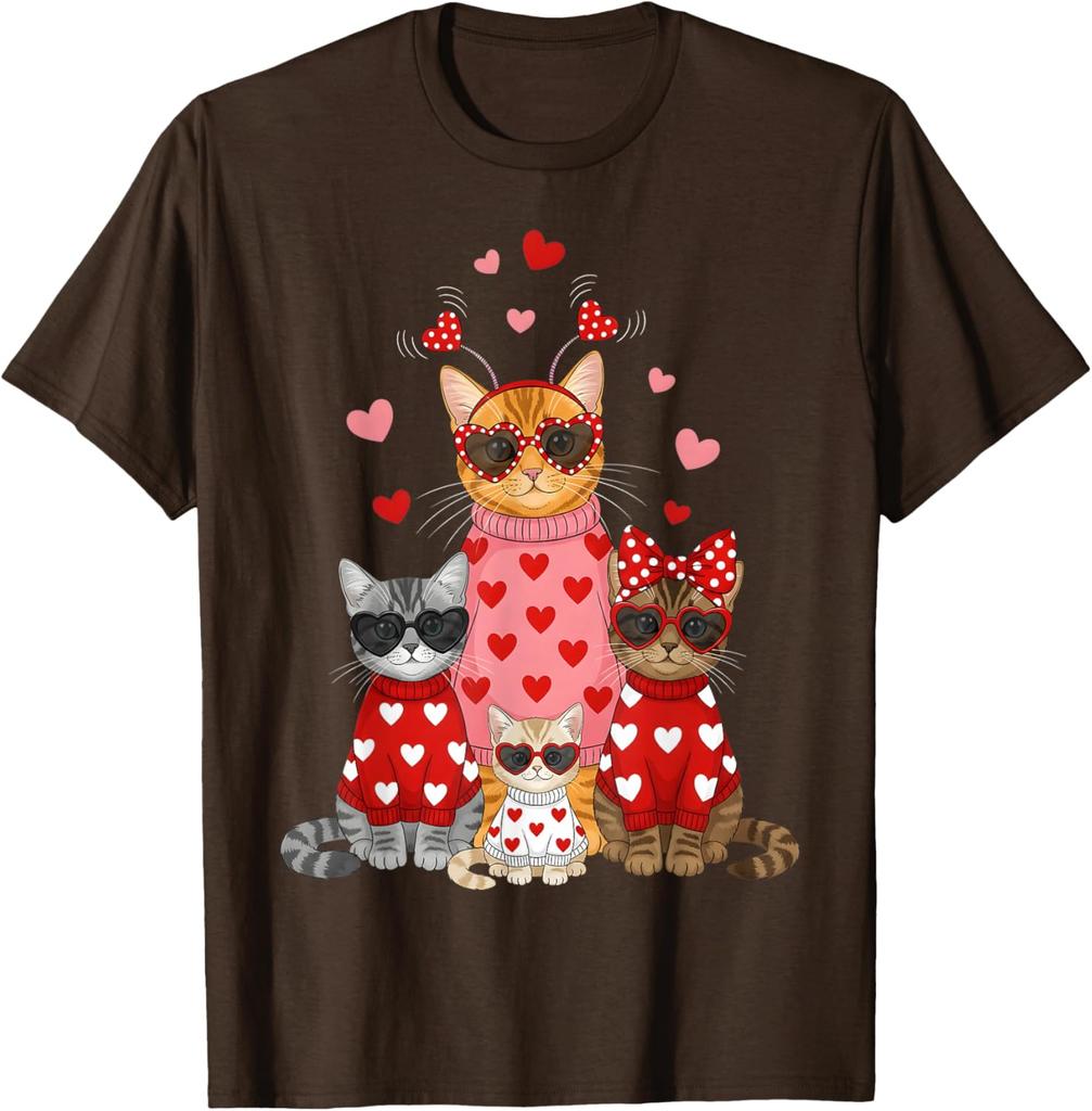 Lustiges Valentinstag Katzen Familie Grafik T-Shirt Niedliche Kätzchen Liebhaber Rundhals T-Shirt