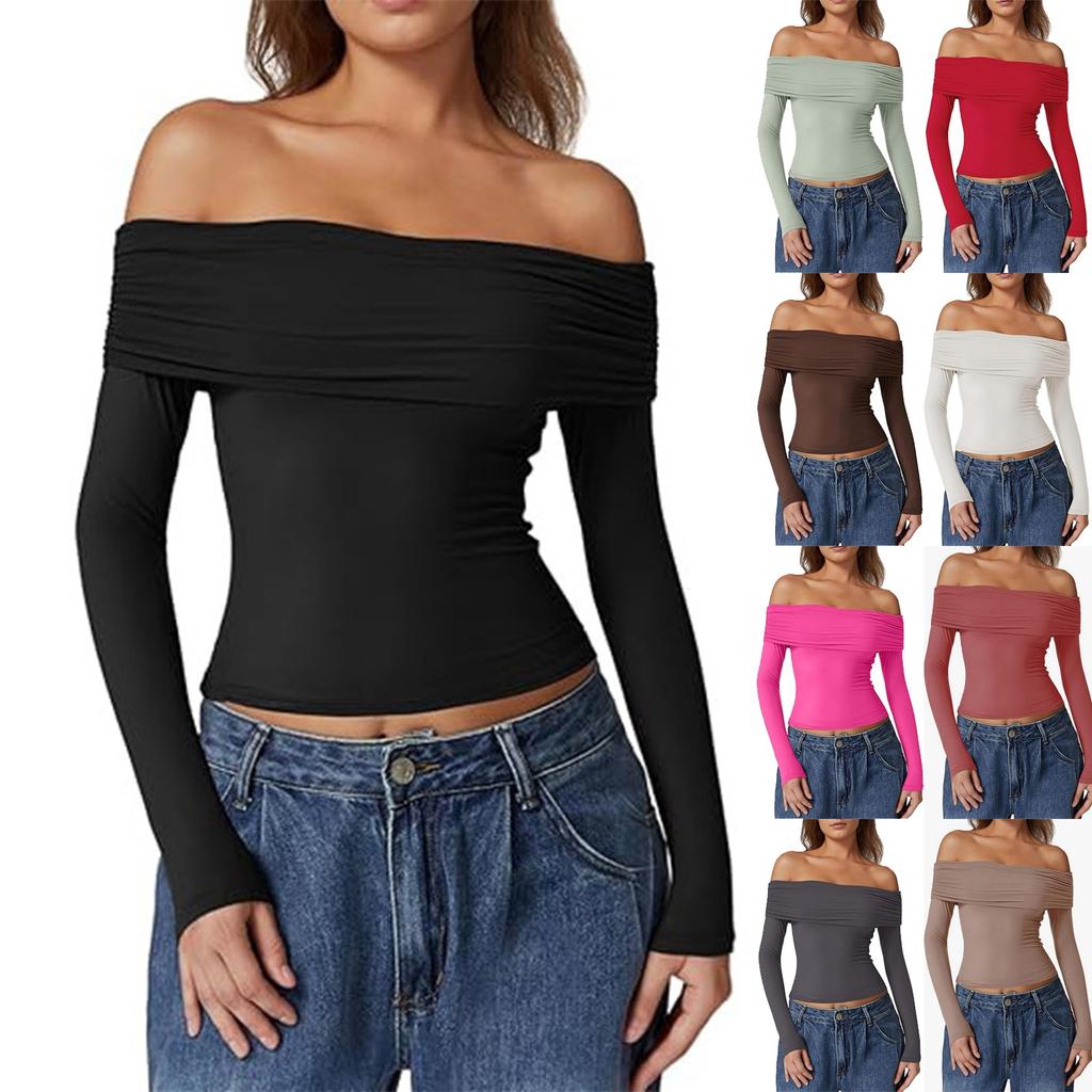 Women's Fashion Sexy One Shoulder Desire Long Sleeve Milk Silk Bottoming Shirt