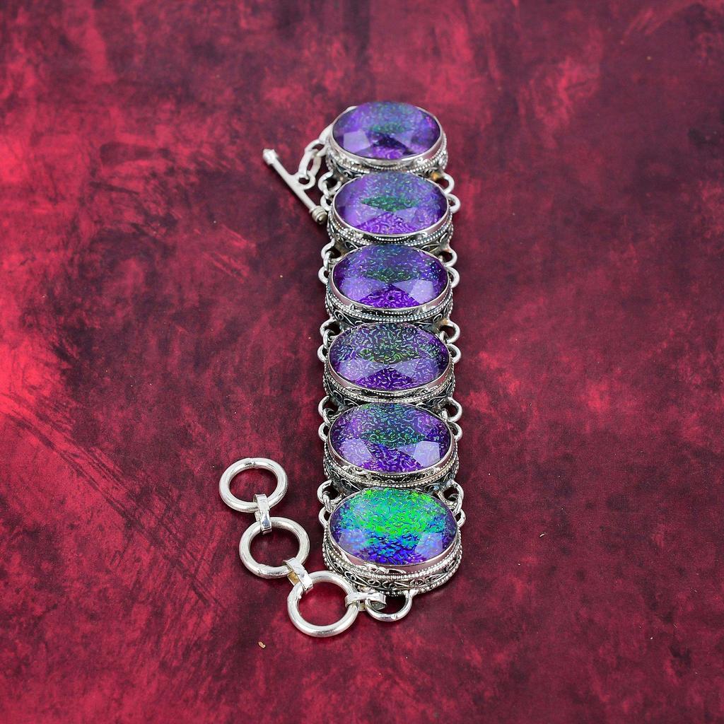 Fioletowy Opal Potrójny Ręcznie Robiony Bransoletka z Kamieni Szlachetnych, Srebro Próby 925, Antyczna Biżuteria, Na Prezent Zaręczynowy