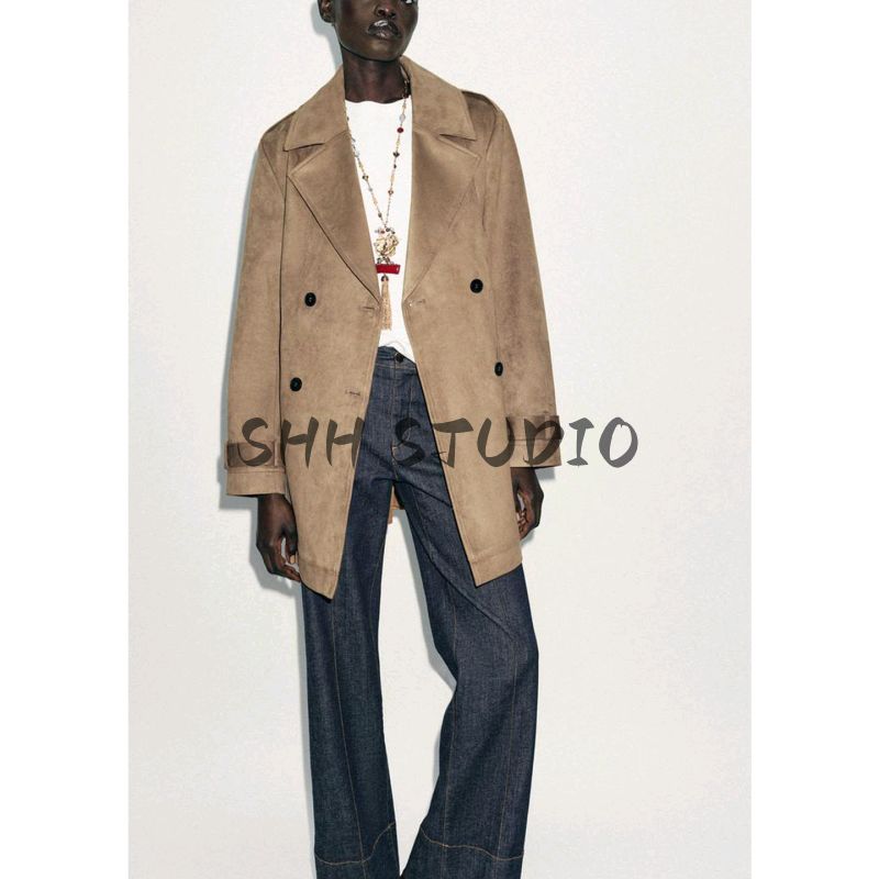 Fall New Women's Clothing Double Breasted Button Long Sleeves Lapel Pocket with Suede Effect Trench Coat 3046279