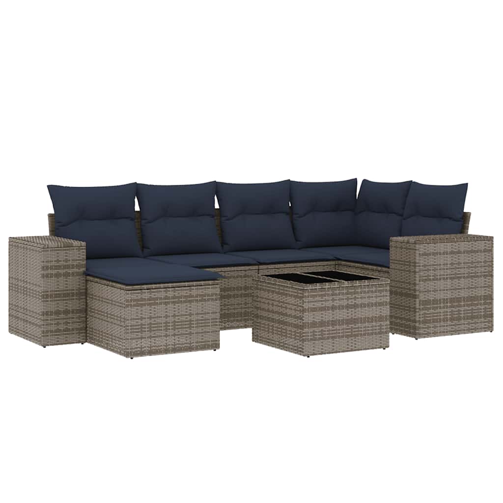 7 Piece Garden Sofa Set with Cushions Gray Poly Rattan