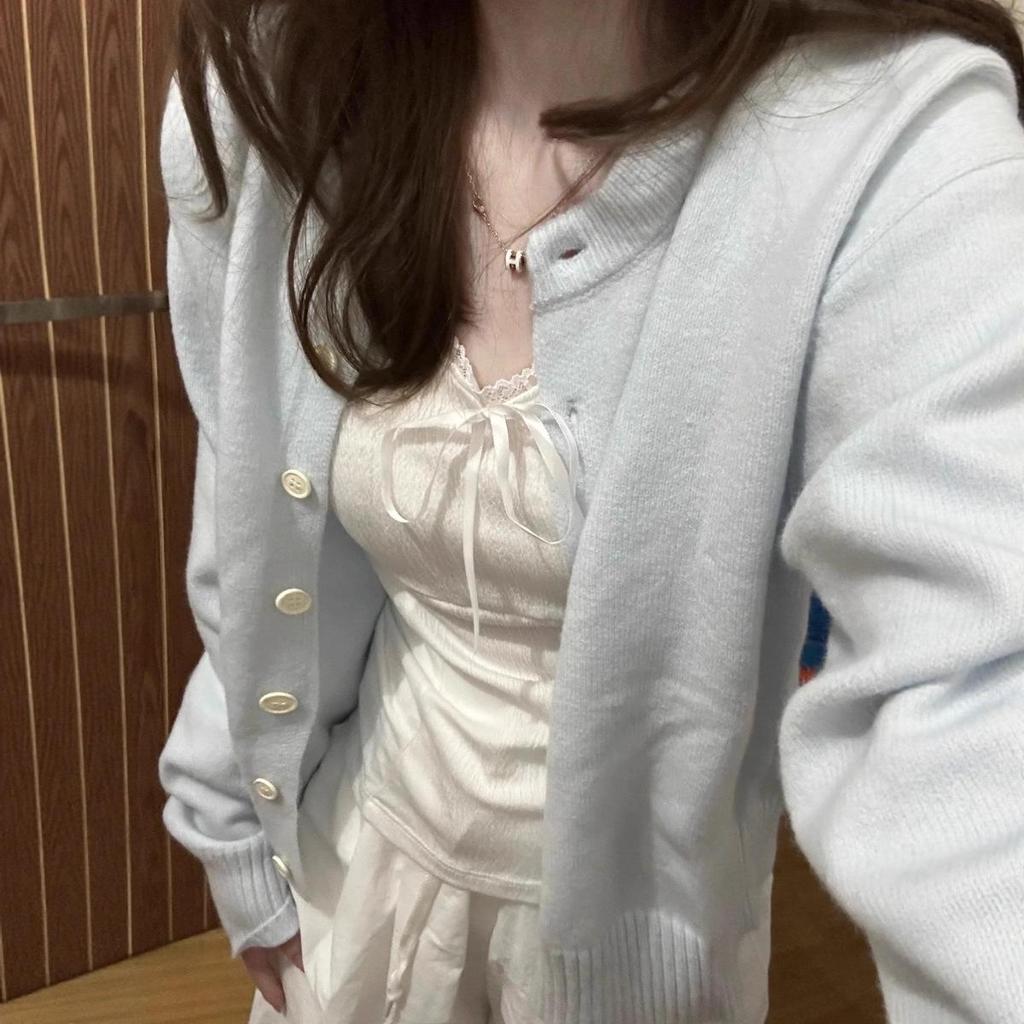 Korean Spring Blue Gentle Sweet Women's College Style Knit Cardigan Sweater - Petite, Light, and Short