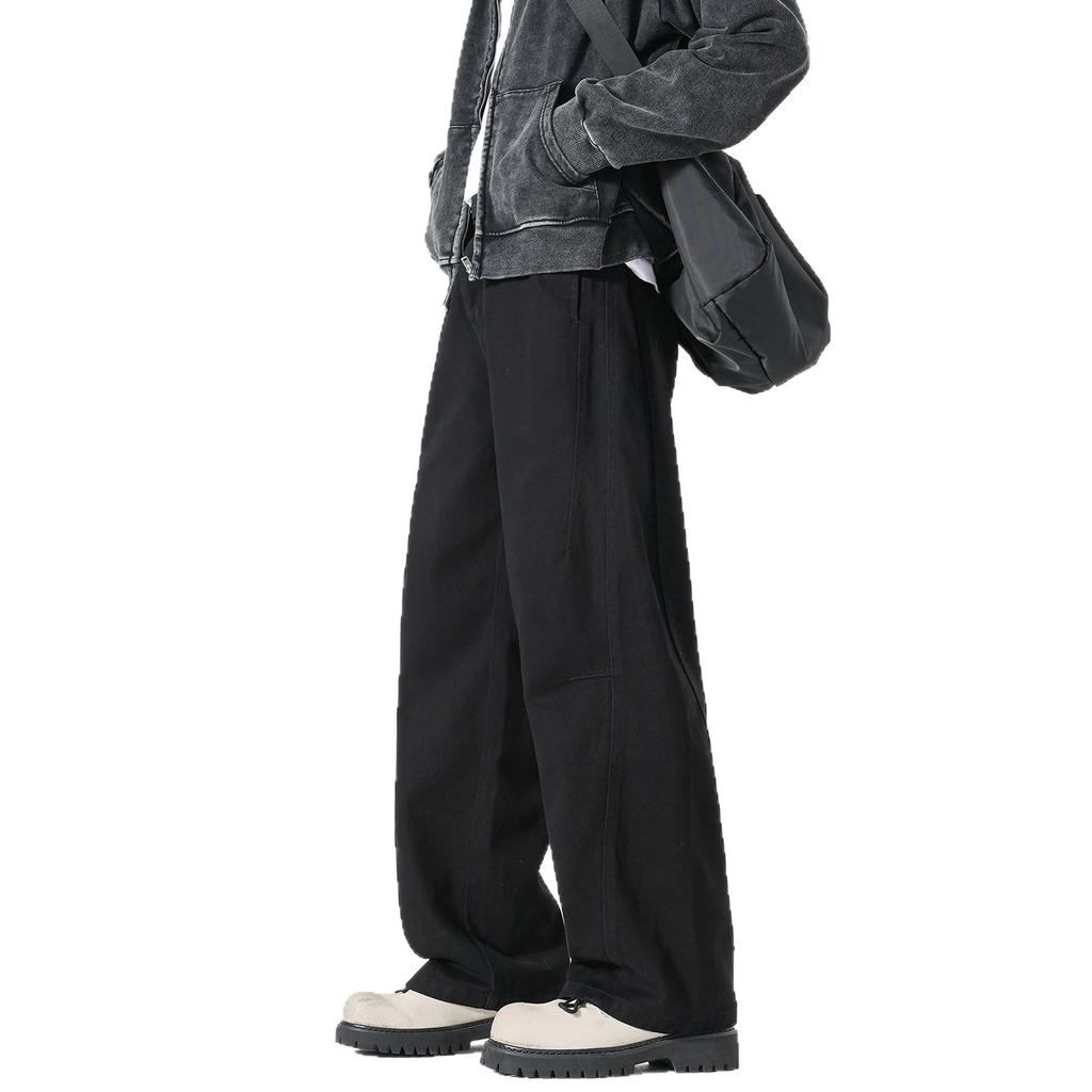 American Retro Trendy Brand Coarse Twill Tooling Casual Pants for Men, Solid Color Loose Wide-leg Drape Straight Trousers for Men