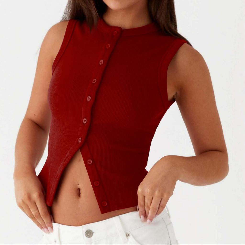 Women's Fashionable Casual Slim Fit Short Ribbed Sleeveless Button-Up Vest T-Shirt