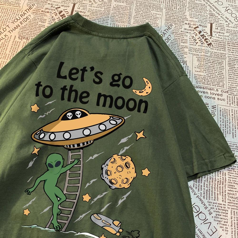 Let'S Go To The Moon Alien Ufo Mens T-Shirt Cotton Loose Tops Loose Crewneck T Shirts Casual Breathable T Shirt Couple Clothes