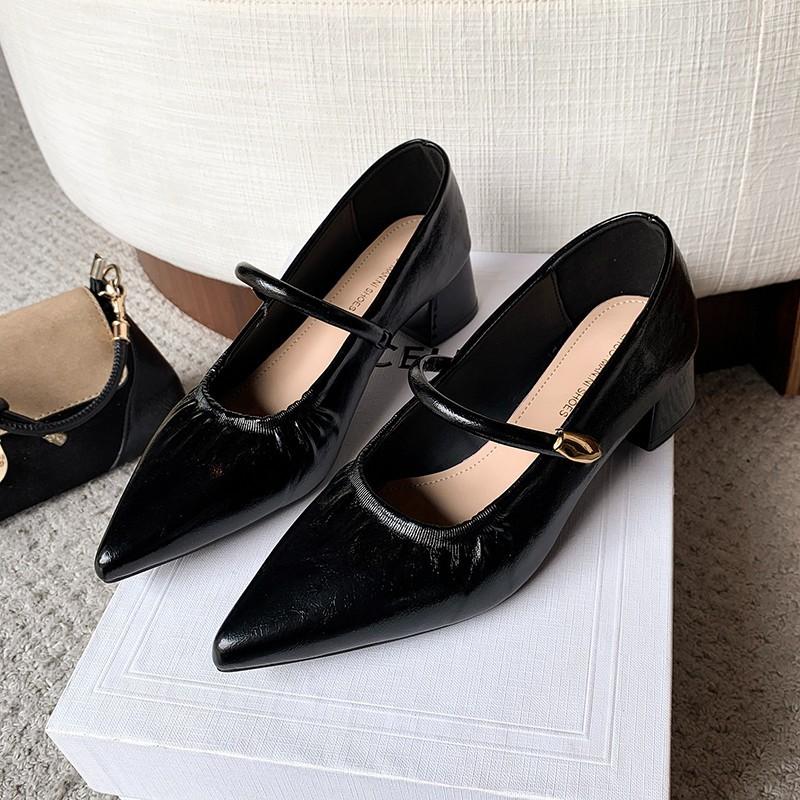 Vintage spitzer dicker Absatz braunes Wort mit Mary Jane Schuhen Damen Sommer 2025 vielseitig leichter Mund professionelle schwarze High Heels