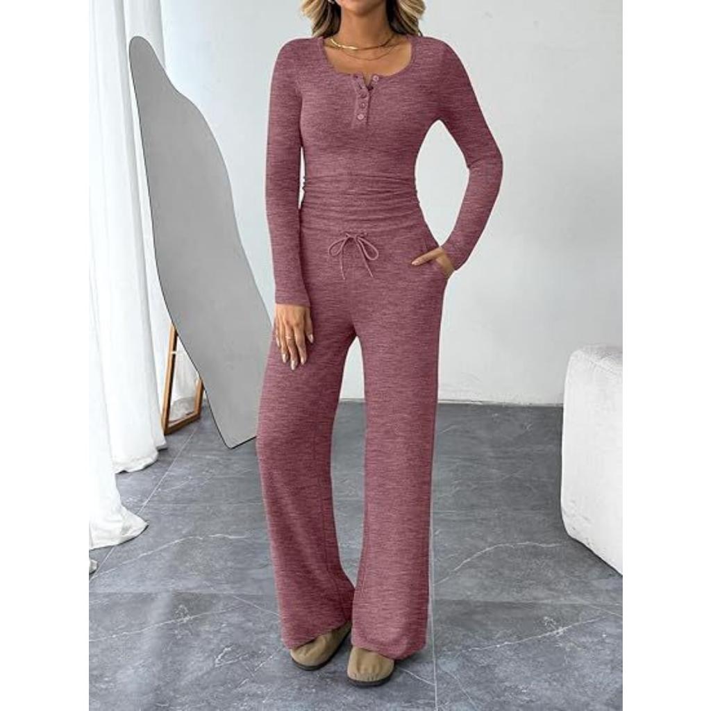 Damen 2-teiliges Outfit für Herbst und Winter, Oberteil mit Rundhalsausschnitt und halber Knopfleiste, Lässiges Set mit elastischem Bund, Taschen und weiten Hosen