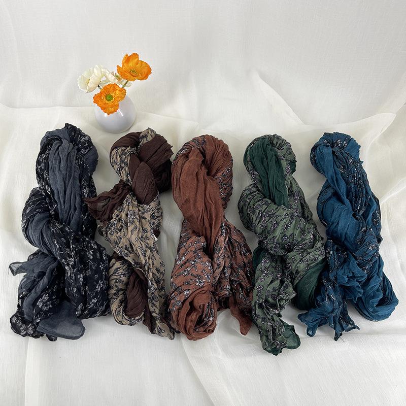 Ethnic Style Pleated Floral Long Scarf Women Korean Retro Thin Shawl Fashionable Temperament Color Blocked Silk