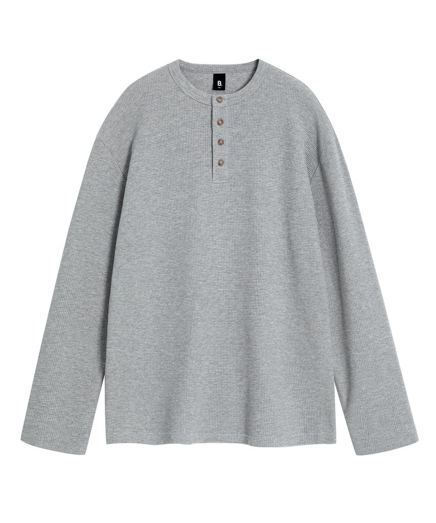 BRENSON (Waffle) Loose Fit Waffle Henley Neck Long Sleeve Tee (4 Colors)