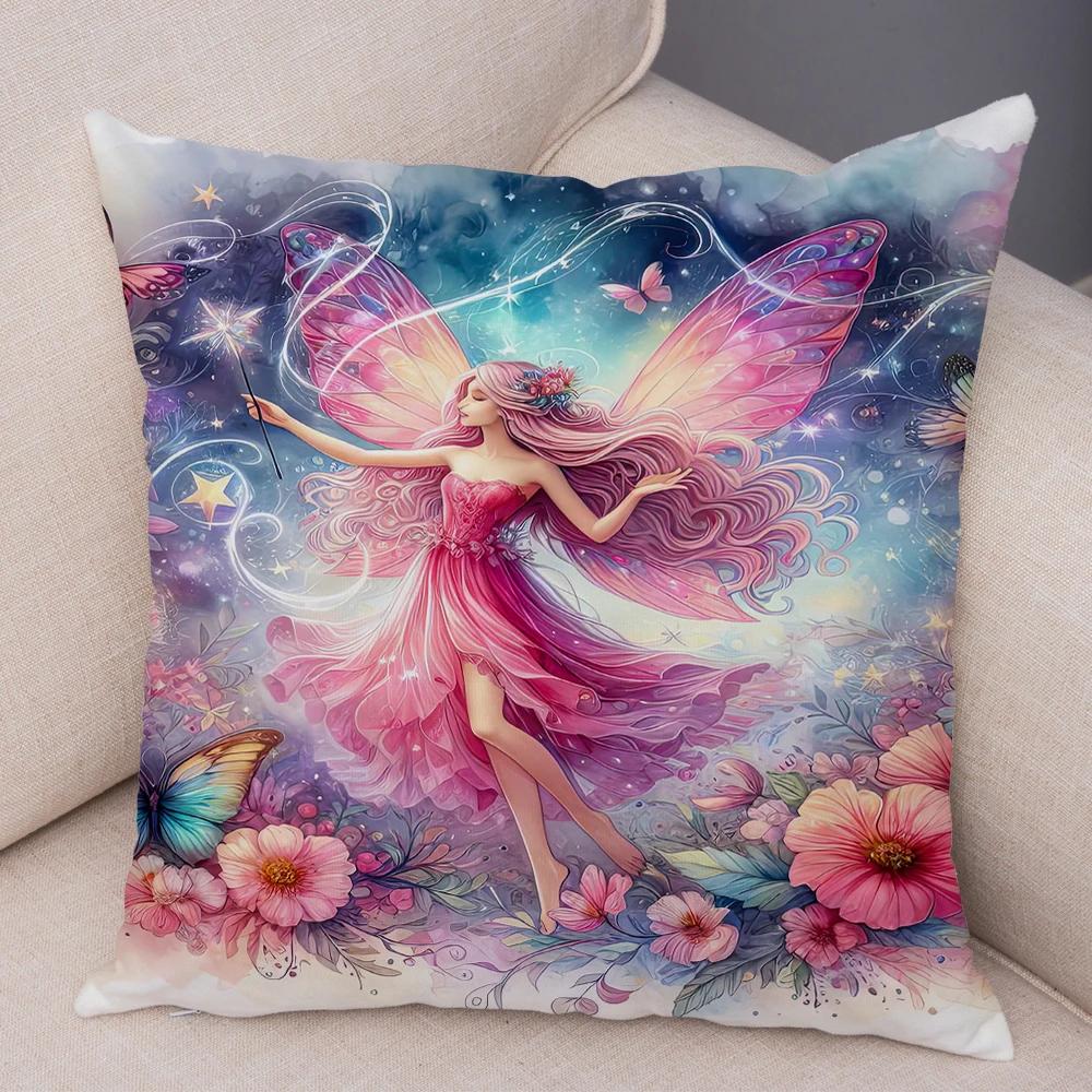 Niedlicher Cartoon Waldmädchen Elfen Kissenbezug Doppelseitig bedruckter Kissenbezug Deko für Sofa Zuhause Superweicher Plüsch Kissenbezug 40x40cm