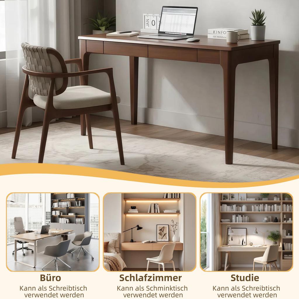 Scrivania in legno massello con cassetti, scrivania regolabile in altezza con bordi arrotondati, ideale per piccoli studi e camere da letto, in stile mid-century modern, noce