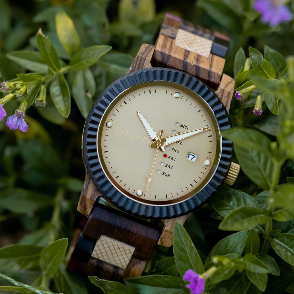 BOBO BIRD Wooden Watch Analog Quartz Day Calendar Display Lightweight Handmade Wooden Wristwatch Men's Men's (Beige)