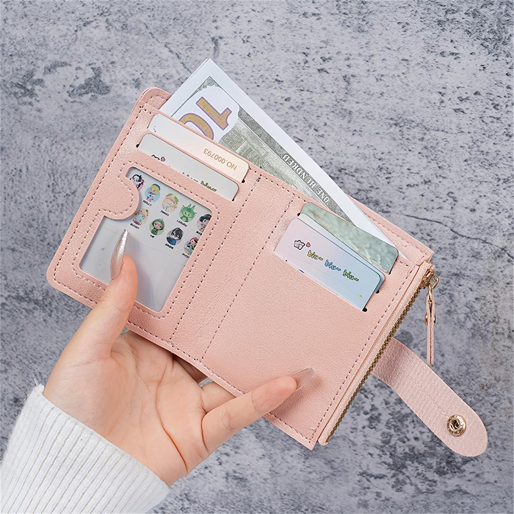 Compact Slim Wallet for Women Featuring Multiple Card Slots, a Zipper, And Button Closure