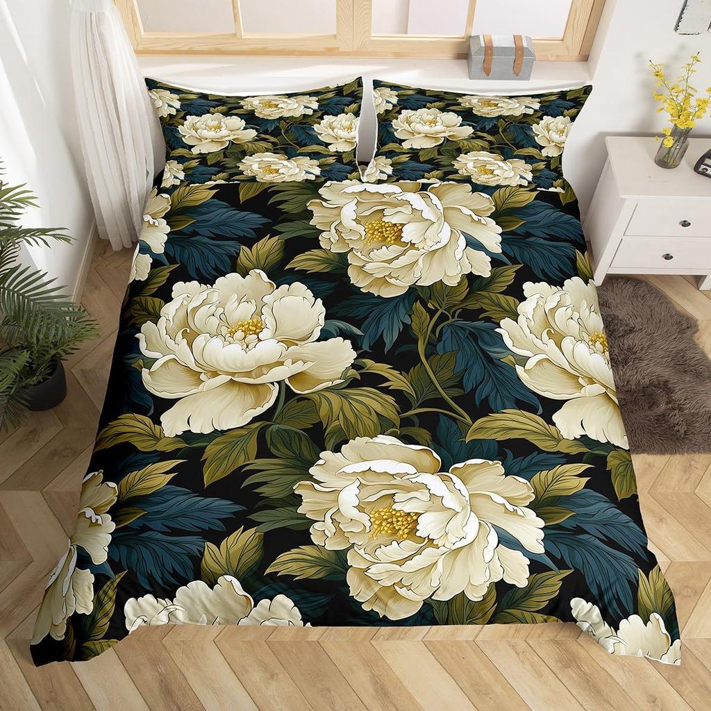 Comforter Peony Groovy Flower Floral Vintage Victorian Botanical Bedding Set Garden Petals Pastoral Plant Bed Set