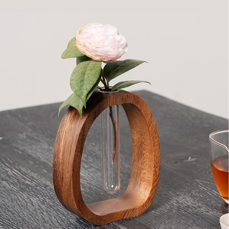 Blumengeschirr aus Massivholz aus Walnuss, kreative Blumenarrangement-Dekoration, schlichter Blumenständer aus Glas, Mini-Vase mit Wasserkultur