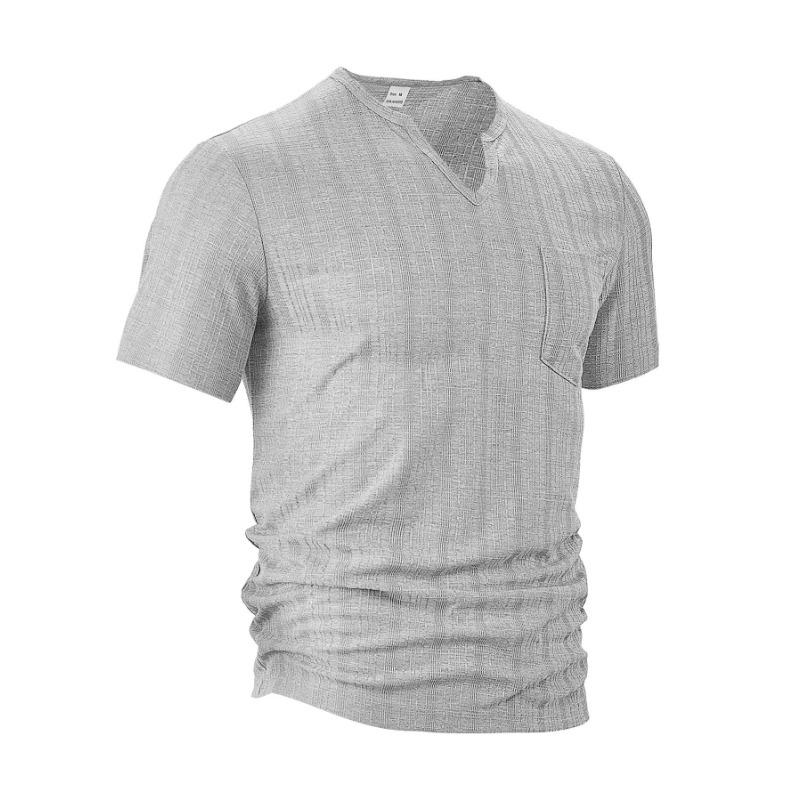 

Summer new style sports and casual loose solid color polyester imitation linen V-neck men s short-sleeved tops S серый