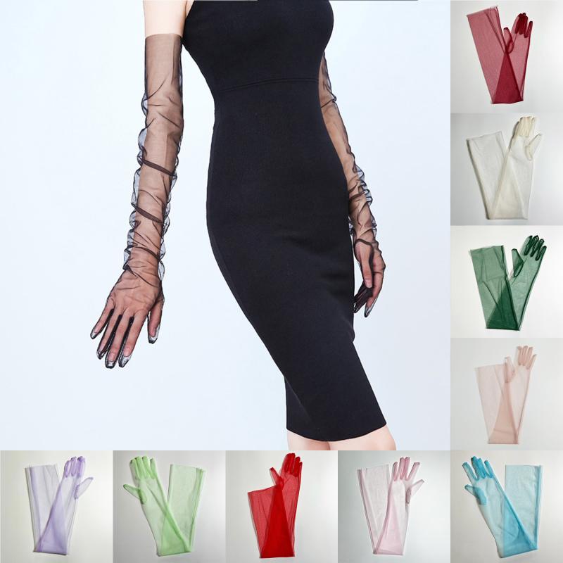 Fashion Long Sheer Tulle Gloves Mesh Elbow Wedding Bride Gloves Halloween Accessory Ultra Thin Stretchy Full Finger Mittens