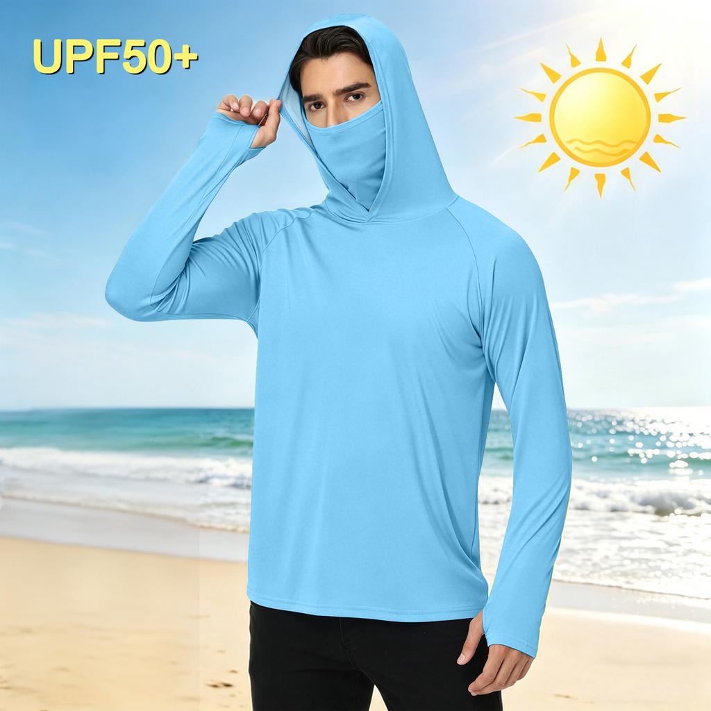 Men's Casual Outdoor Hooded Long Sleeve Sun Protection Shirt Lightweight Breathable Quick Dry UV Resistant Top for Sports Hiking