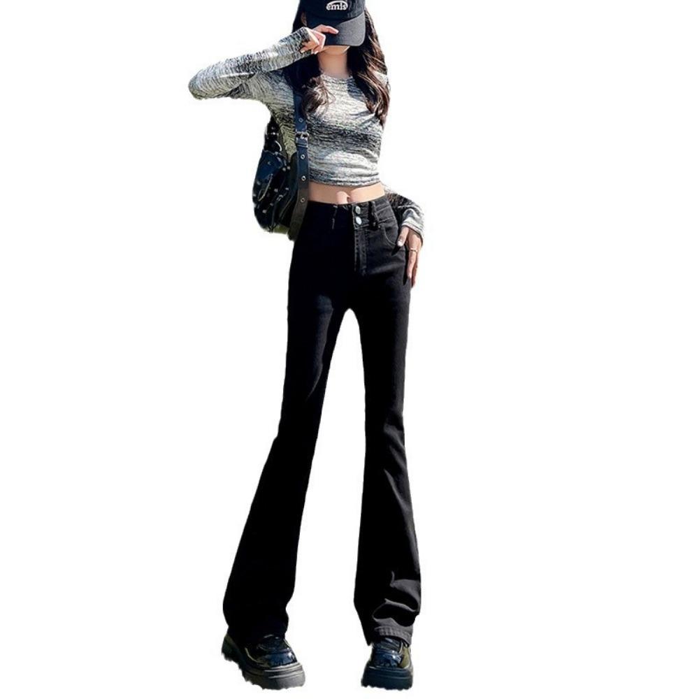 Spring and autumn new double-buckle micro-horn jeans women's high-waisted slim-fitting and thin elastic horn jeans tide