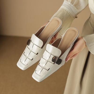 Mode Damen Schuhe Pantoletten Sandalen Echtes Leder Weich Bequem Niedriger Absatz Sommer Schuhe Lässig Eckige Zehenpartie Vintage Büro Täglich Hausschuhe Damen