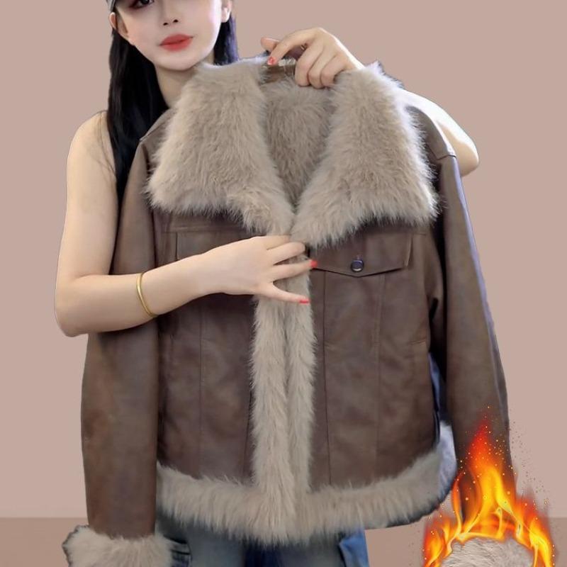 Winter New Fur Integrated Short Leather Jacket Women's Fleece Thickened Age-reducing Imitation Fur Top