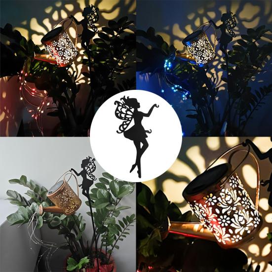 Solar Watering Can Light Metal Watering Can String Light Retro Hollowed-Out LED Solar Lantern for Outdoor Garden Patio Yard Pathway Decoration