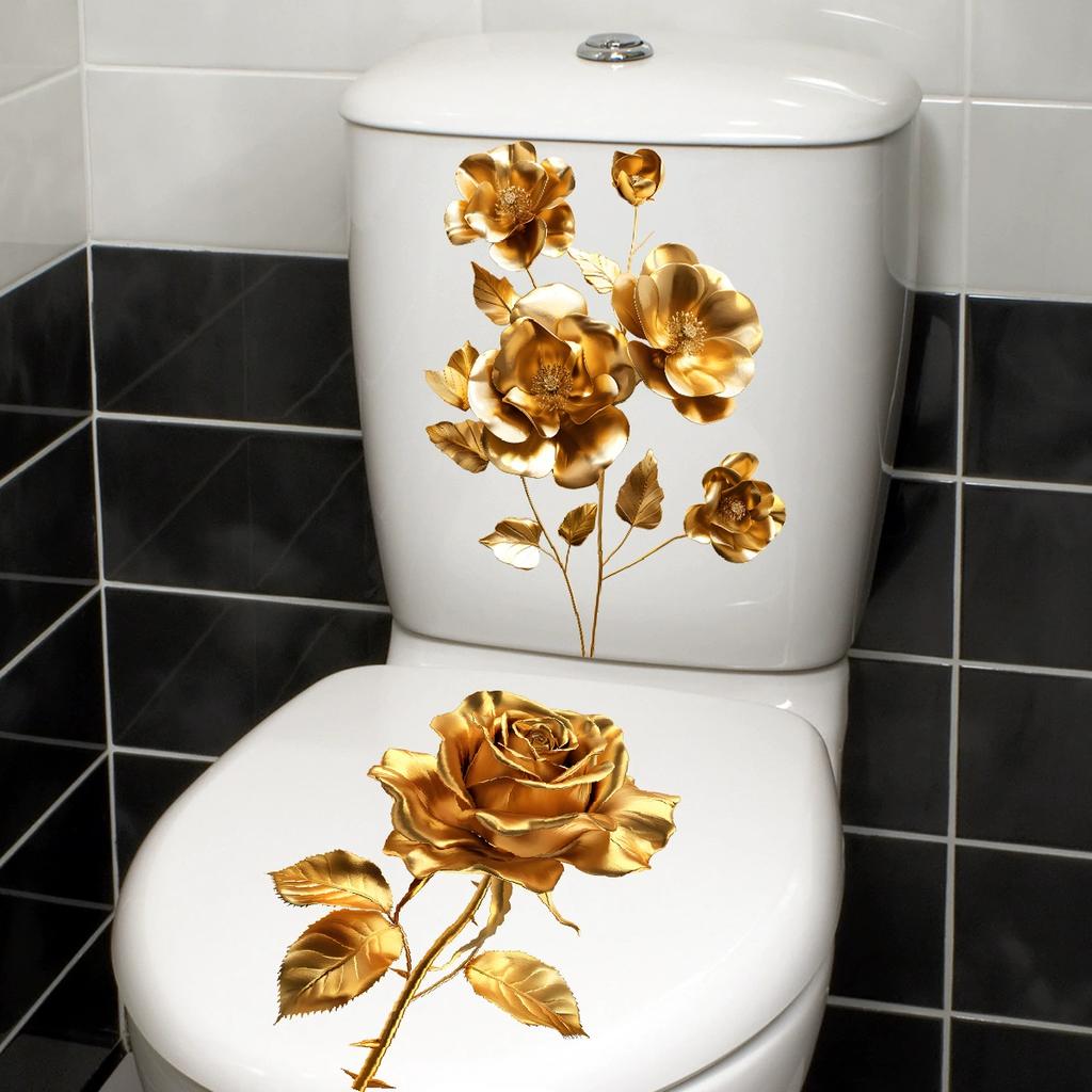 Creative Golden Floral Toilet Decal for Bathroom Washroom Background Decoration Self-Adhesive Removable