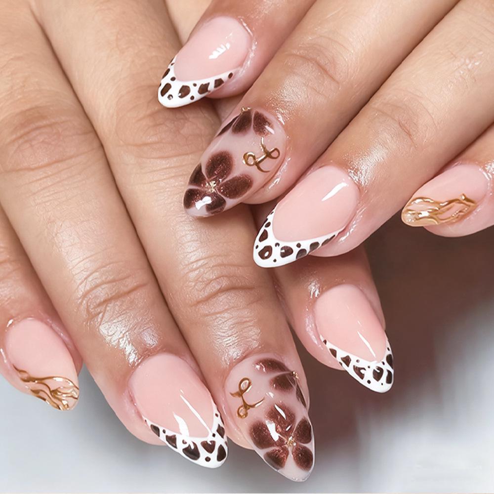 24-Piece Leopard Print Gilded French Carved Pointed Nails