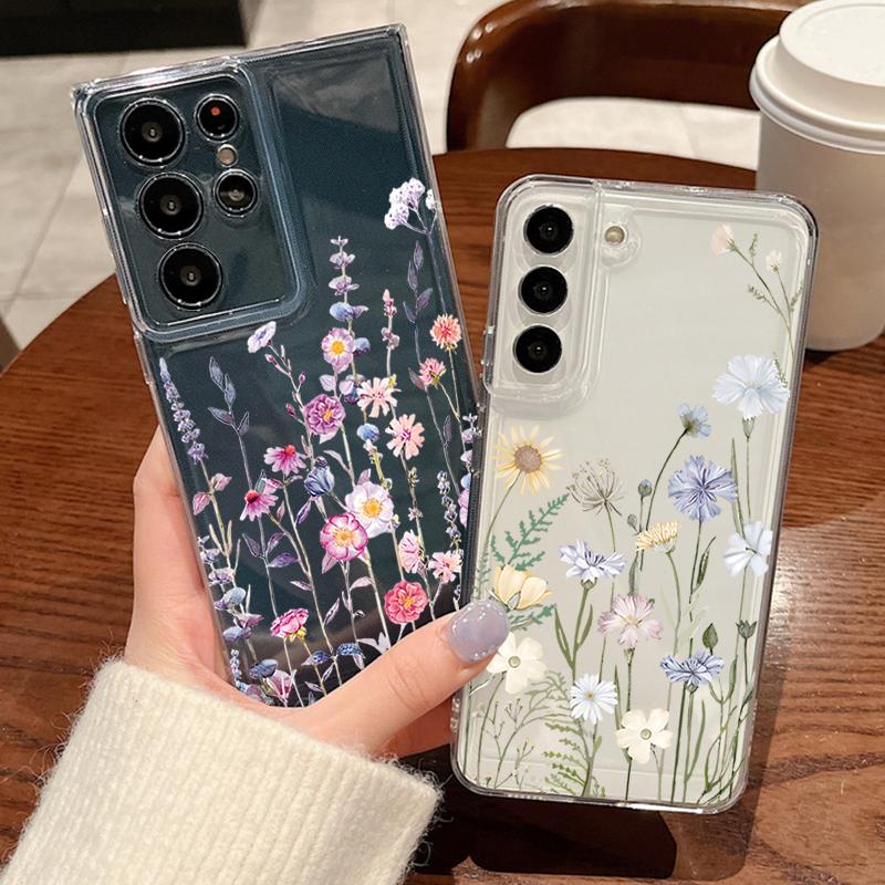 Flower Pattern Phone Case For Samsung Galaxy S26 S25 S24 S23 Ultra S22 Plus S24 S21 FE S25Edge Transparent Shockproof Soft Cover