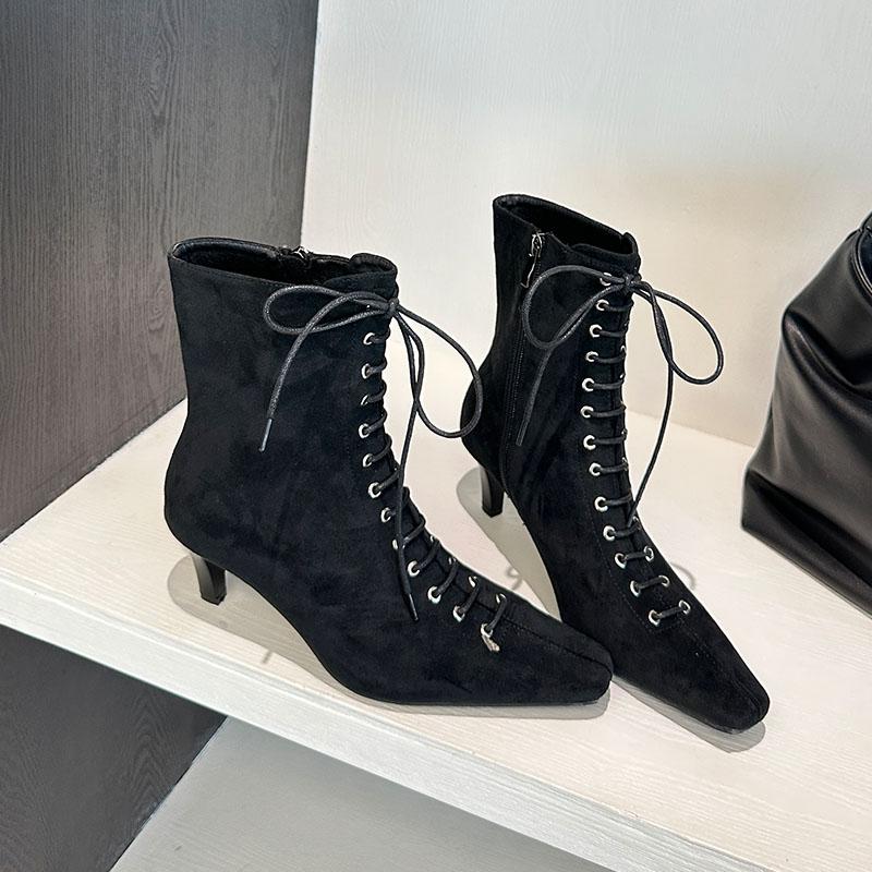 Fashion Pointed Toe Ladies Modern Ankle Boots Female Heels Footwear Flock Fashion Lace Up Elegant Women Short Boots Shoes Pumps lady