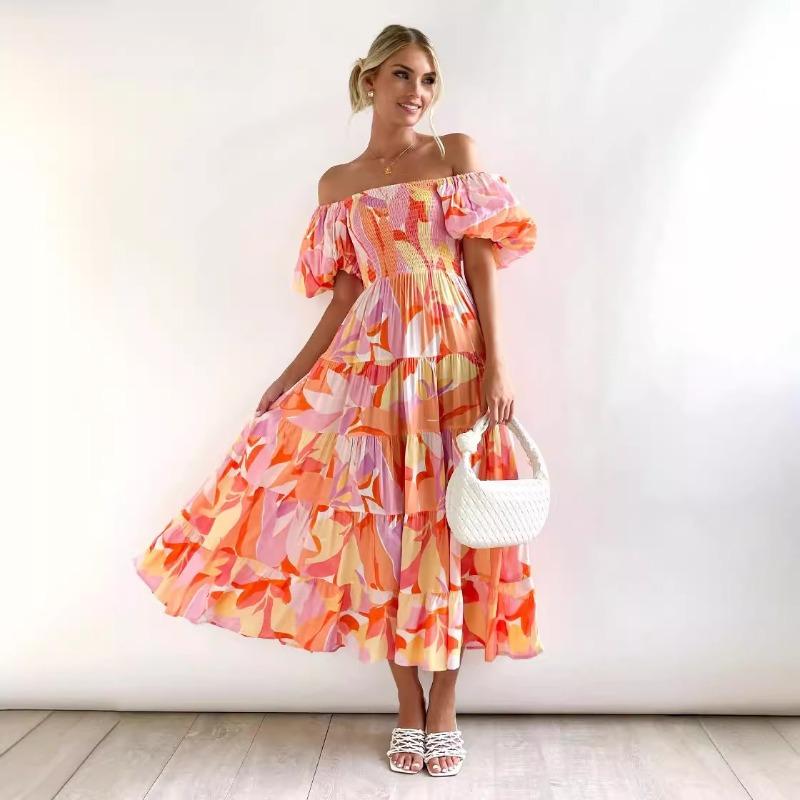 Summer New Bubble Sleeve Holiday Skinny Long Dress Spice Girl High Waist Shoulder Printed Dress Women