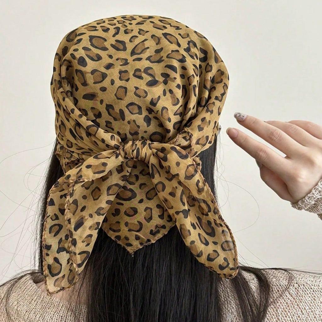 Retro Leopard Print Square Scarf for Women Satin Thin Edge Scarves Head Band Fashion Y2K Lady Hair Shawl Wrap Female Neckerchief