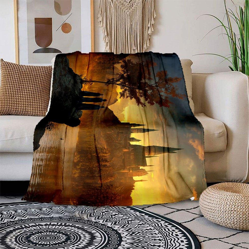 Hogwarts Castle Sunset Fantasy Art PrintBlanket Flannel Throw Blanket for Sofa, Bed, Travel, Camping, Office, Couch, Chair