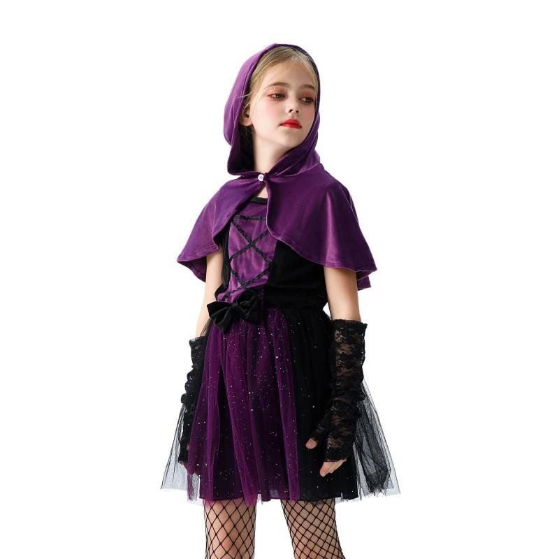 Girls Halloween Witch Costume Dress With Cape Accessories Kids Party Performance
