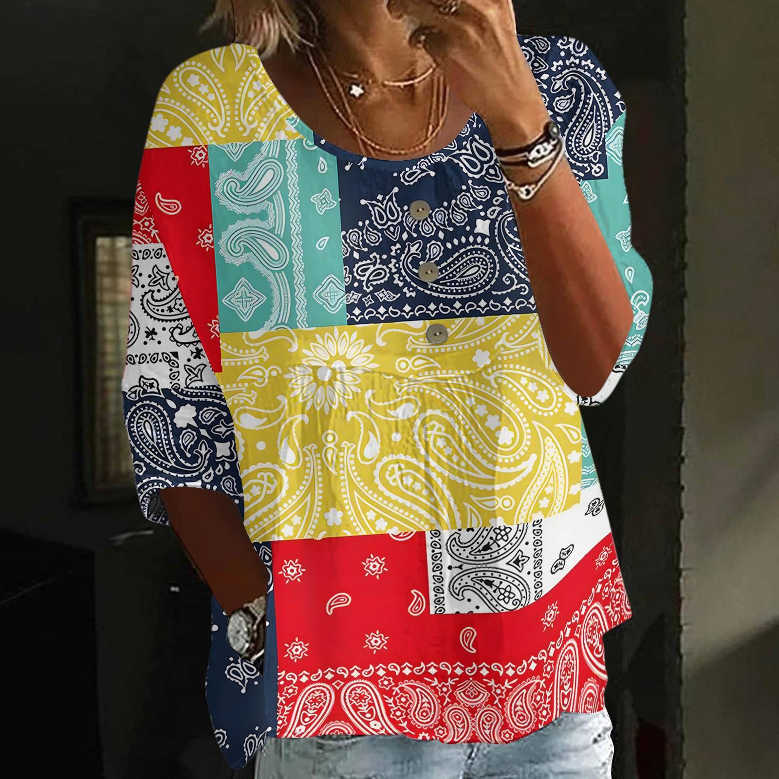 

Women s Casual Fashion Three-quarter Sleeve Loose Round Neck Button Plaid Print Top XL жовтий