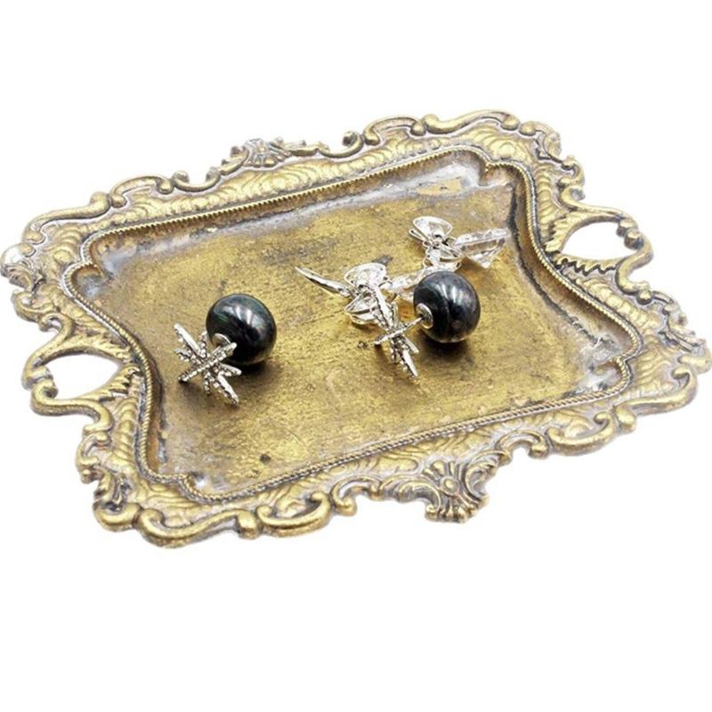 Decorative Jewelry Storage Tray in Resin with Vintage Styling, Raised Border, and Side Handles for Dresser or Entryway Use