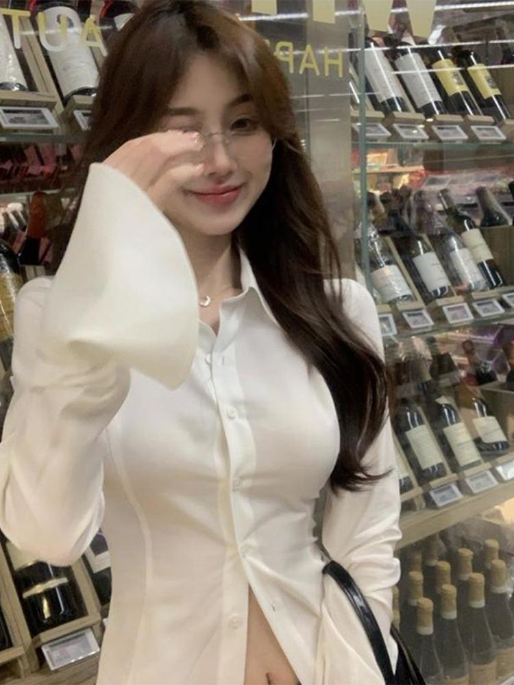 Schlanke ausgestellte Ärmel Damen Hemd solide Revers einreihige Rücken Bandage Tunika Frühling weibliche Blusen