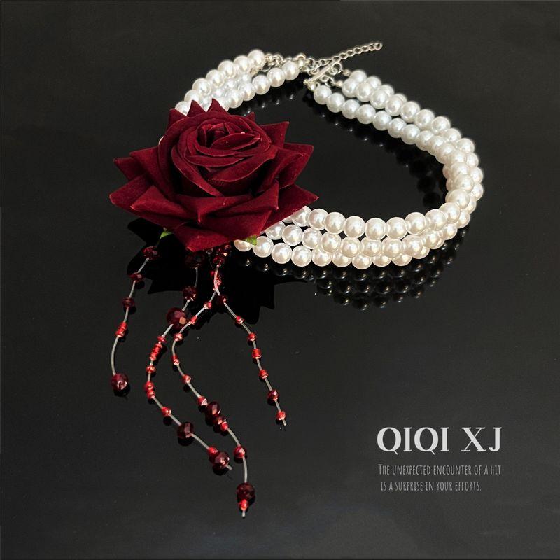 Fashion Imitation Pearl Necklace Multi-Layer Halloween Dark Necklace Women s Beaded Dyed Blood Tassel Rose Flower Collar Red