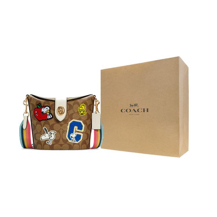 Coach X Peanuts Snoopy Addie 18 Snoopy Print Cartoon Patchwork Canvas And Leather Crossbody Bag Women Crossbody Bag Khaki Rainbow C4113-IMLOT