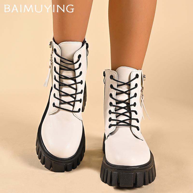 Plateau Damen Stiefeletten Mittelhohe Absätze Designerschuhe Schnürstiefel Chunky Motorradstiefel Trend Winter Goth Neu Botas De Mujer