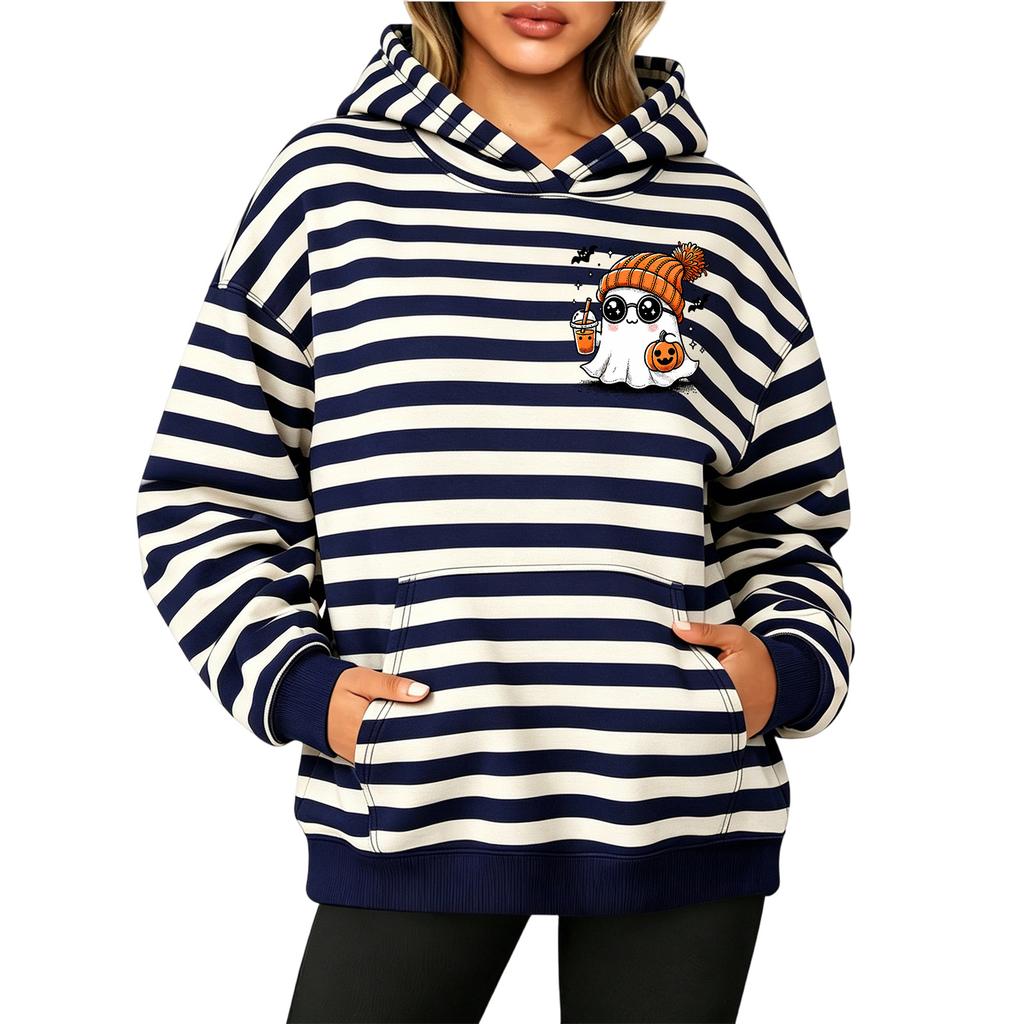 Women's Long Sleeve Striped Print Pullover Hoodie Sweatshirt with Pockets for Halloween