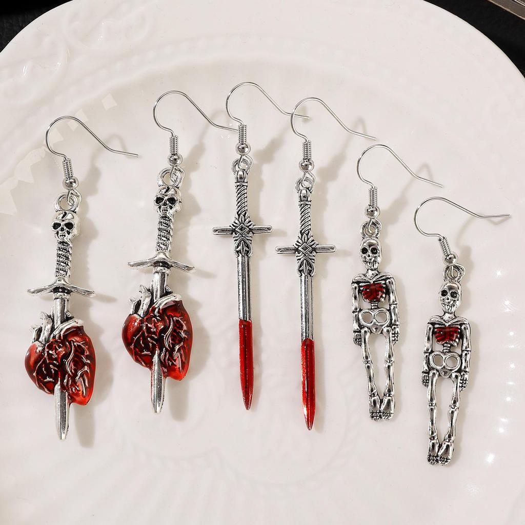 Gothic Skull & Heart Piercing Broadsword Earrings Set - Halloween Vintage Drip Oil Design