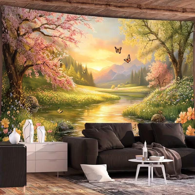 

2D Pastoral Spring Tapestry Lush Blooming Meadow and Calm River Wall Hanging 47.2x31.5inch/120*80cm