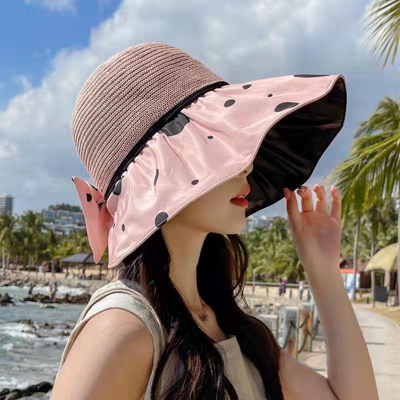

Summer vinyl visor fashion polka dot eaves foldable bucket hat temperament bow beach visor hat One size fits all