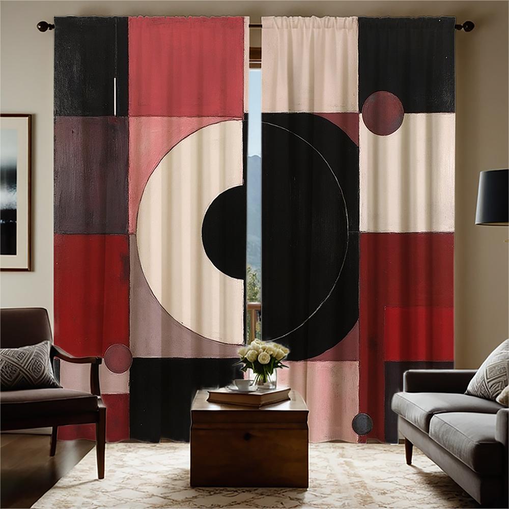 Set Of 2 Abstract Geometric Print Curtains Red Black White Color Block Design Semi Transparent Polyester Fabric Curtain Made With Rod Pocket