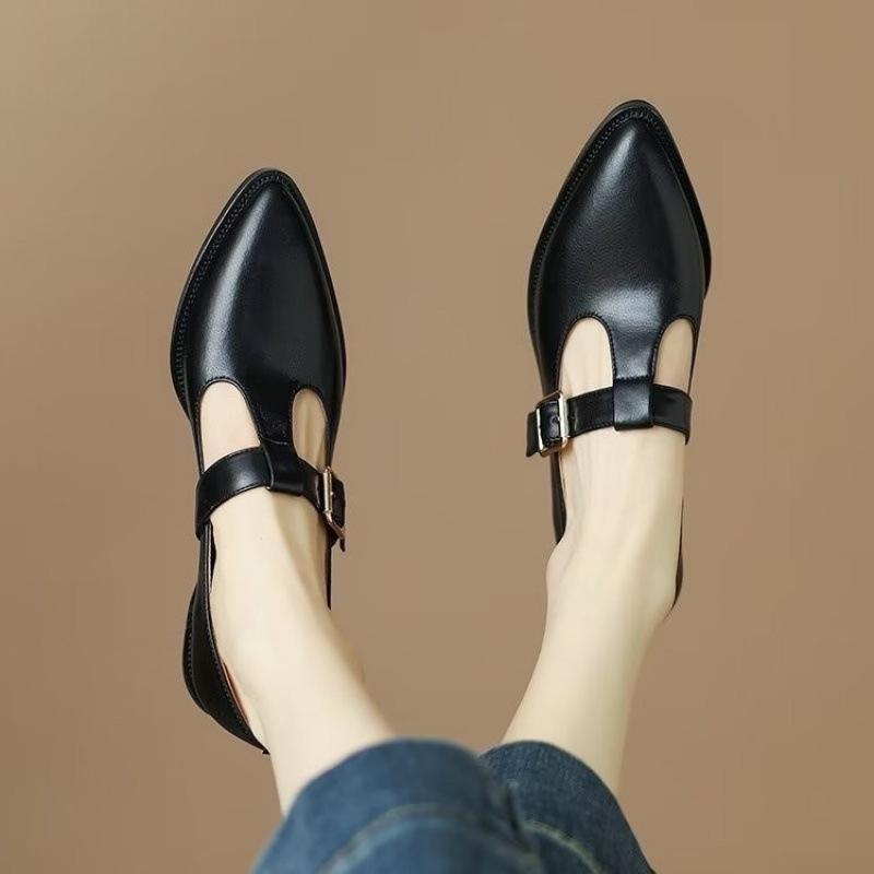2026 Vintage Belt Buckle Pointed Single Shoe Spring/summer New Soft Leather British Leather Shoes