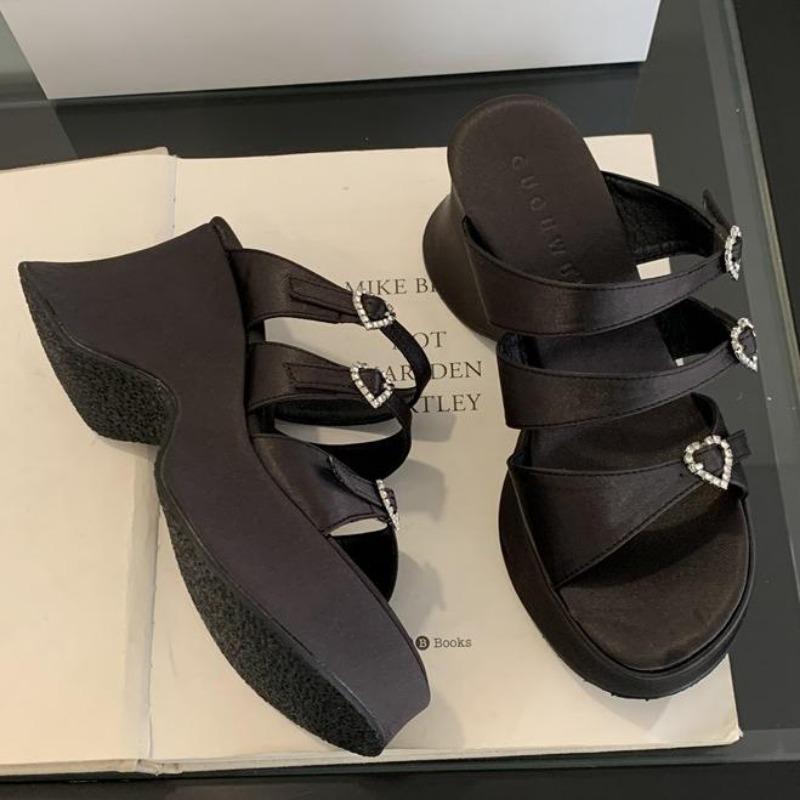 Fashion Heeled Slippers Woman Platform Sandals Summer Belt Crystals Buckle Chunky Shoes Black High Heels Zapatos De Mujer Sandals Woman