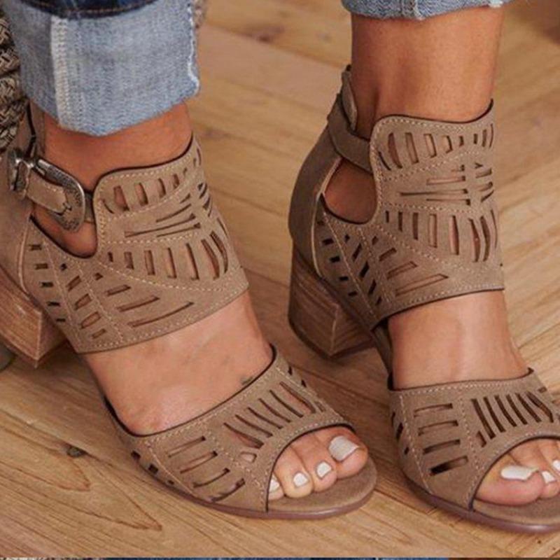 Large Size Sandals Women's Rhinestone Block Heel High Heel Buckle Fish Mouth Wholesale Fish Mouth Design